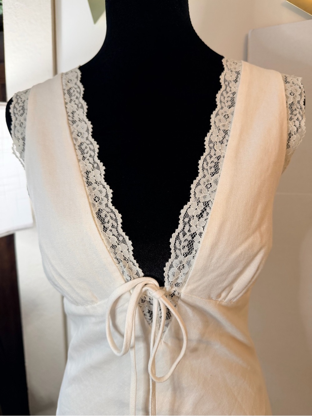Cotton-Linen Cottage-Core White Lace Double Lined Trim Tie Front Mini Dress M - Picture 6 of 13